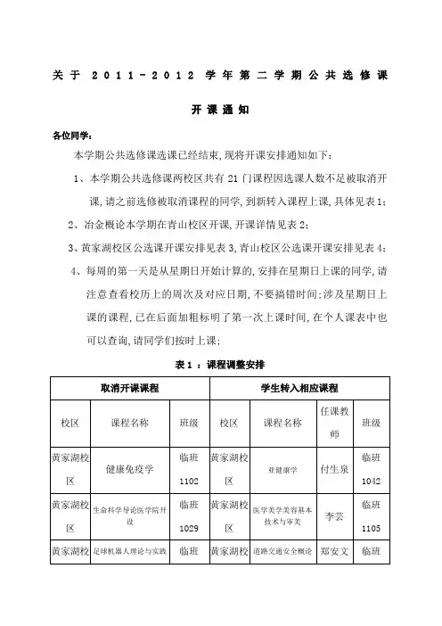 选修课上课时间安排表