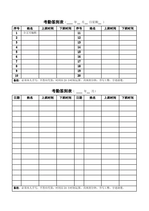 员工上下班签到表工作考勤签到表