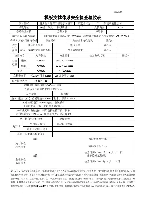 项目施工-模板支撑体系安全检查验收表(范本)