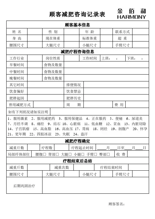 顾客减肥咨询记录表