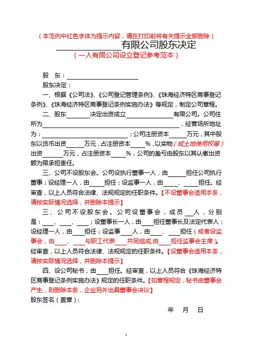 一人有限公司股东决定(设立登记范例)