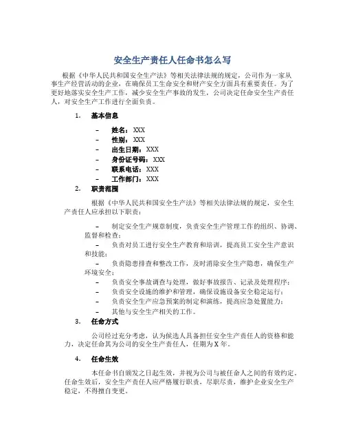安全生产责任人任命书怎么写