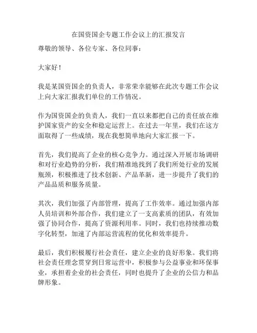 在国资国企专题工作会议上的汇报发言