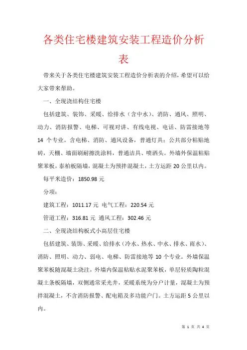 2021年各类住宅楼建筑安装工程造价分析表
