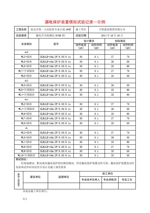 公1#漏电保护装置模拟试验记录