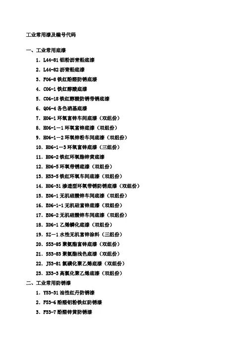 工业常用漆及编号代码