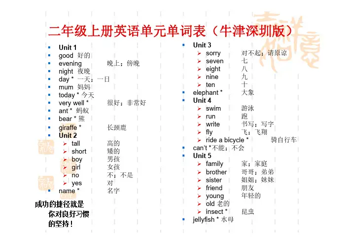 2018年小学二年级上册英语单元单词表(牛津深圳版)