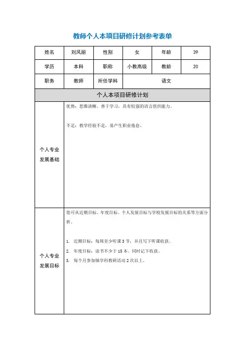 教师个人本项目研修计划参考表单 (3)
