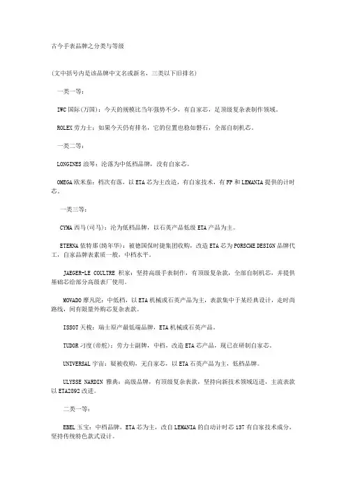 古今手表品牌之分类与等级