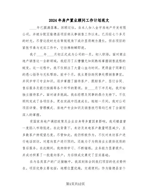 2024年房产置业顾问工作计划范文（六篇）