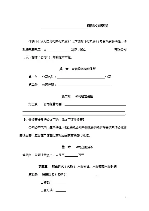 一人有限责任公司章程(不设董事会不设监事会)