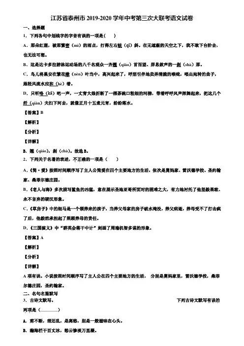 江苏省泰州市2019-2020学年中考第三次大联考语文试卷含解析