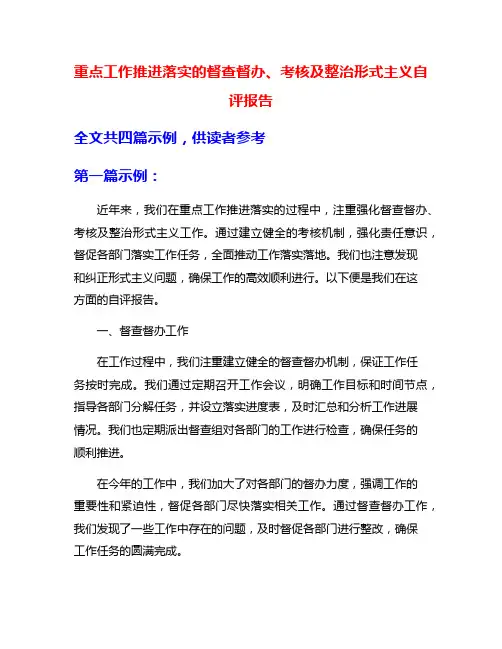 重点工作推进落实的督查督办、考核及整治形式主义自评报告