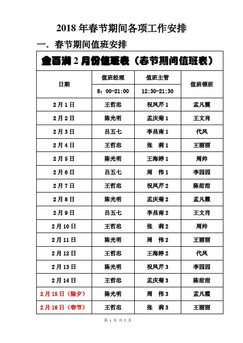 2018金百润年春节期间各项工作按排