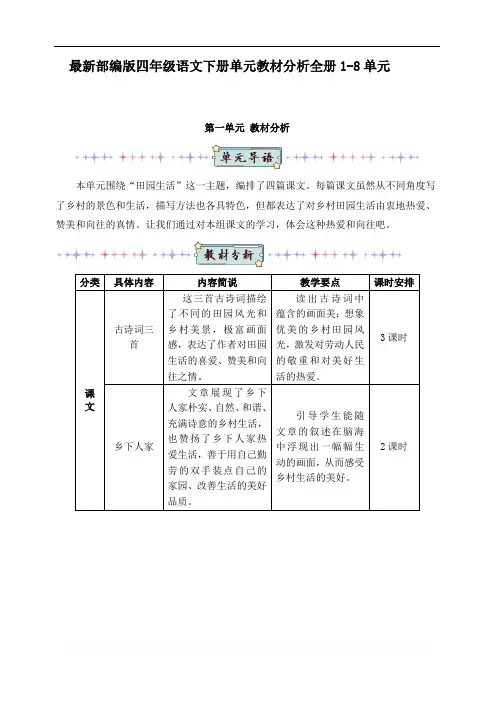 最新部编版四年级语文下册单元教材分析(精编)全册1-8单元