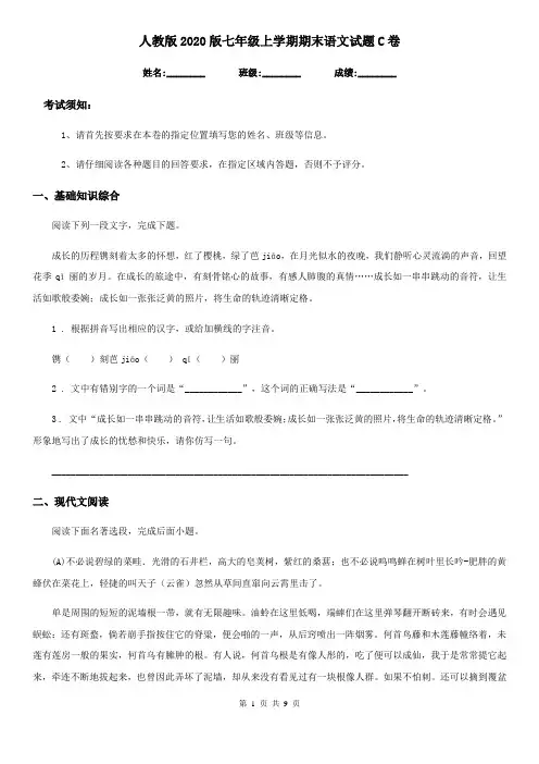 人教版2020版七年级上学期期末语文试题C卷(测试)