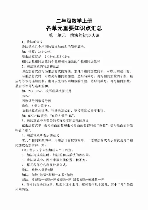 小学数学青岛版二年级上册各单元重要知识点汇总