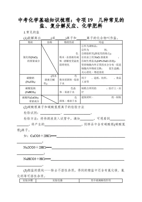 中考化学基础知识梳理：专项19几种常见的盐、复分解反应、化学肥料