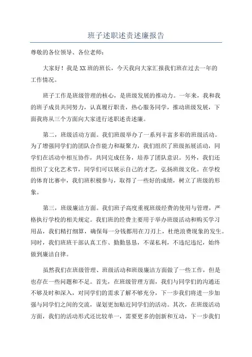 班子述职述责述廉报告