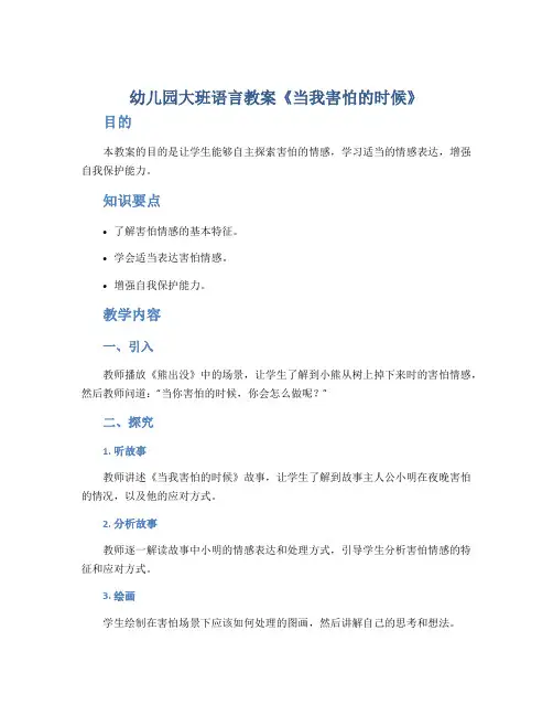 幼儿园大班语言教案《当我害怕的时候》
