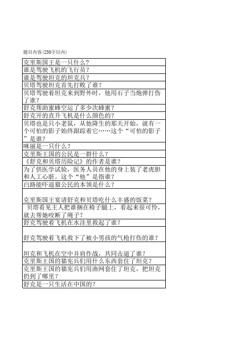 《舒克和贝塔历险记》出题题目