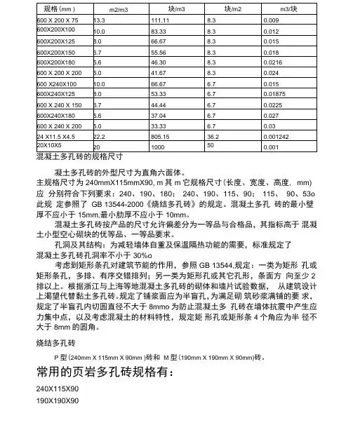 砖砌块常用规格一览表