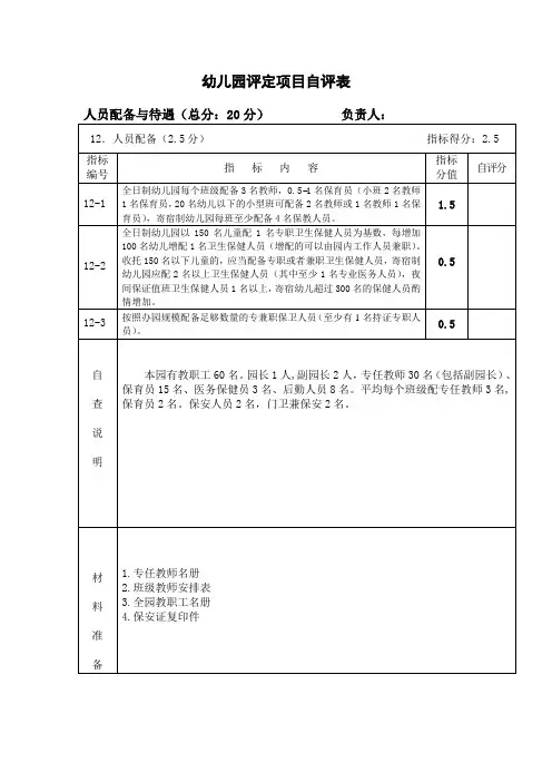 幼儿园评定项目自评表