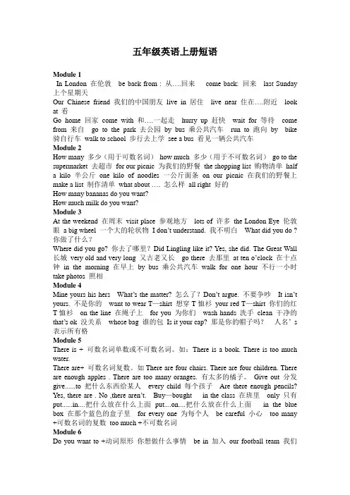 山东科技版五年级英语上册复习重点短语