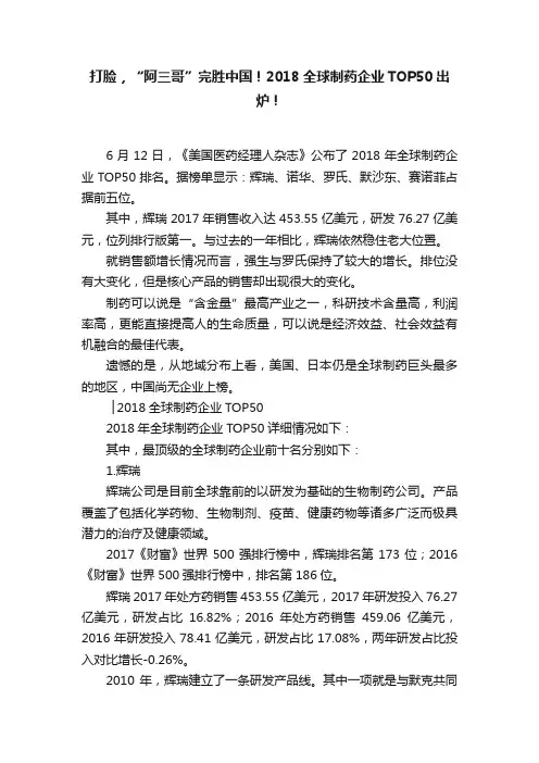 打脸，“阿三哥”完胜中国！2018全球制药企业TOP50出炉！