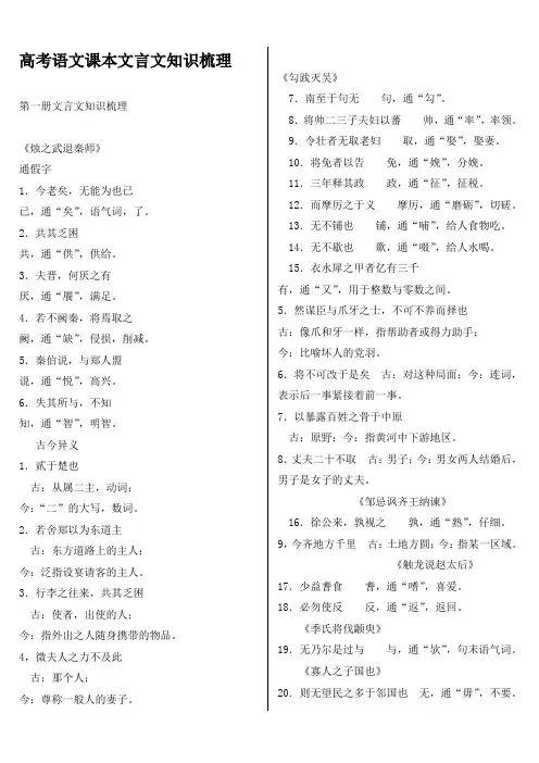 高考语文课本文言文知识梳理(高中语文1—6册)