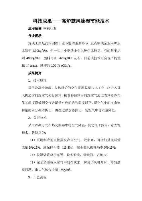科技成果——高炉鼓风除湿节能技术