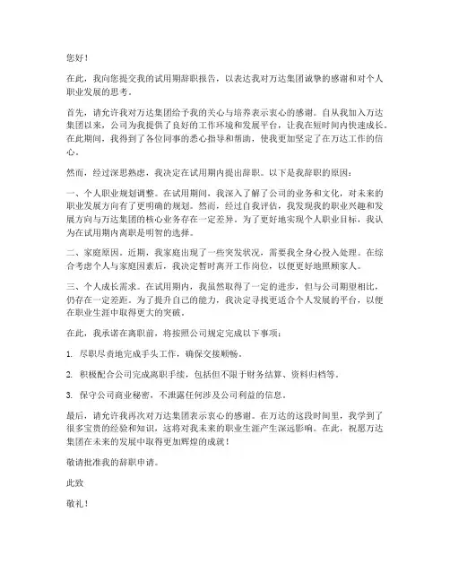 万达试用期辞职报告