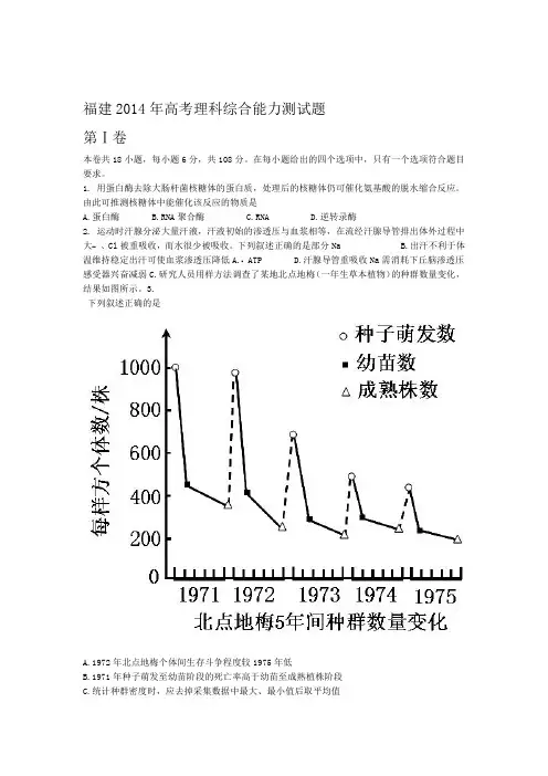 2014年全国高考理综试题及答案 福建卷