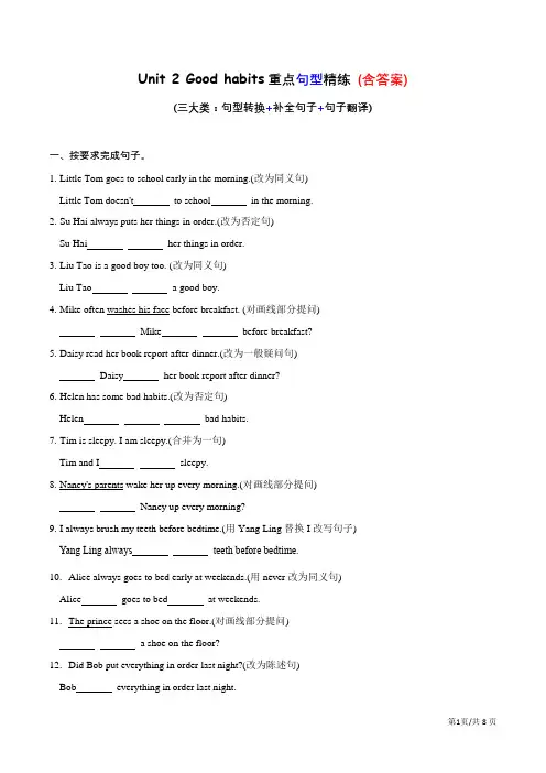 专项03 Unit 2 重点句型精练(句型转换+补全句子+句子翻译)(含答案)-译林版英语六年级下册