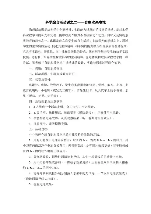 科学综合活动课之二——自制水果电池