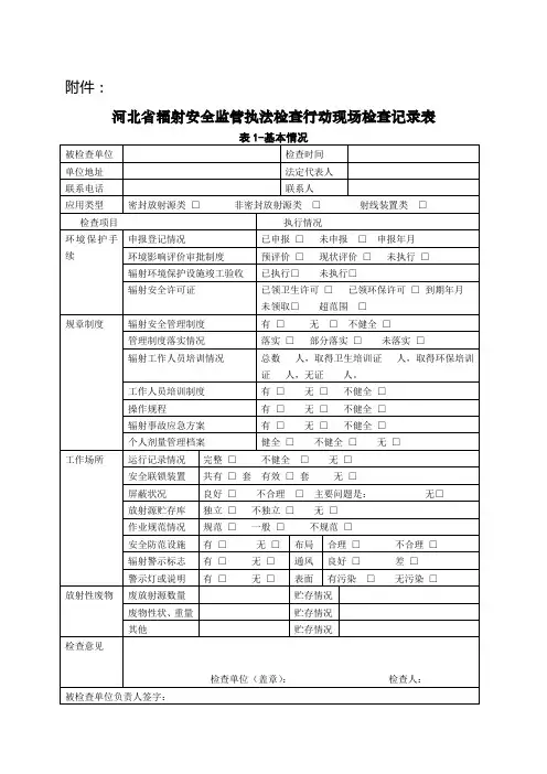 河北省辐射安全监管执法检查行动现场检查记录表