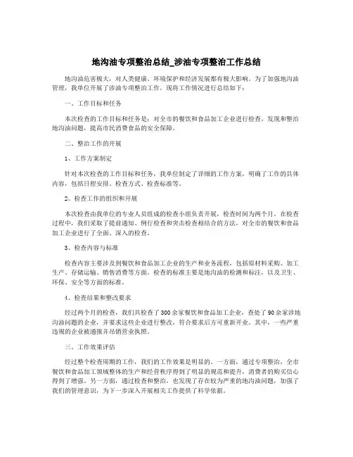 地沟油专项整治总结_涉油专项整治工作总结