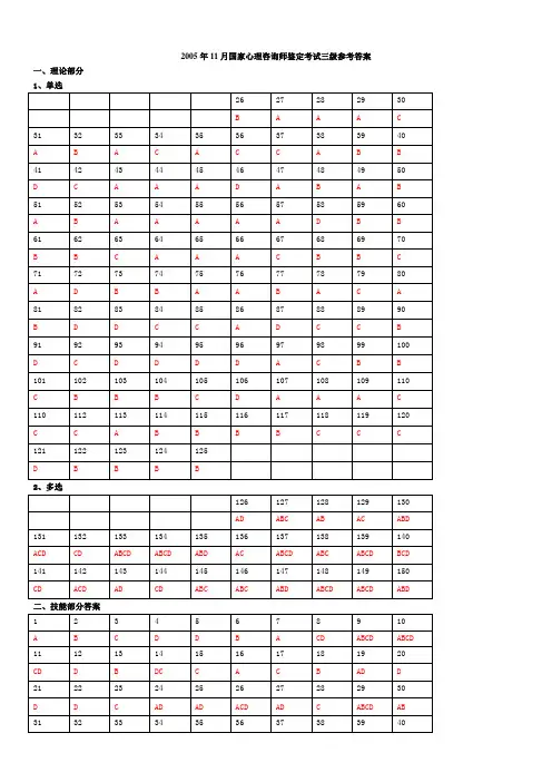 【参考答案】国家心理咨询师鉴定考试三级(2005[1].11-2010.05)全