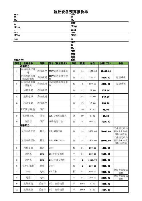 高清平安城市视频监控设备工程安装预算清单