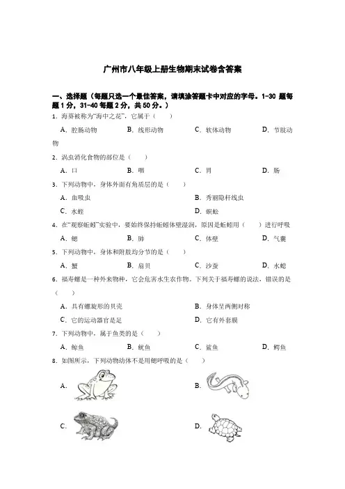 广州市八年级上册生物期末试题含答案解析精选5篇