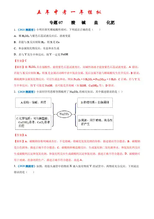 专题07酸碱盐化肥-5年(2017-2021)中考1年模拟化学分项汇编(深圳专用)