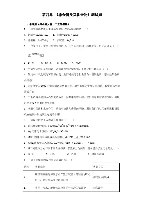人教版化学必修1第四章《非金属及其化合物》测试题