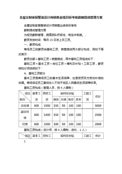全屋定制家居整装设计师销售业绩目标考核薪酬提成管理方案