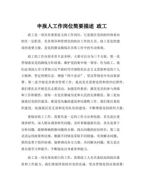 申报人工作岗位简要描述 政工