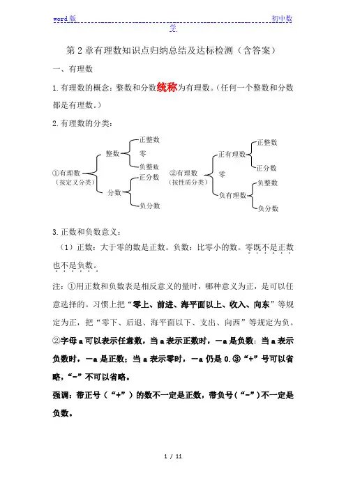 第2章有理数 章节知识点复习汇总+达标检测-华东师大版七年级数学上册期末复习