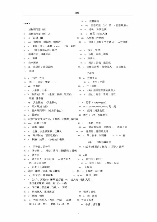 人教版高中英语选修8词汇表--汉语