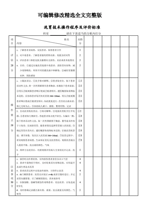 洗胃技术操作程序及评价标准精选全文完整版