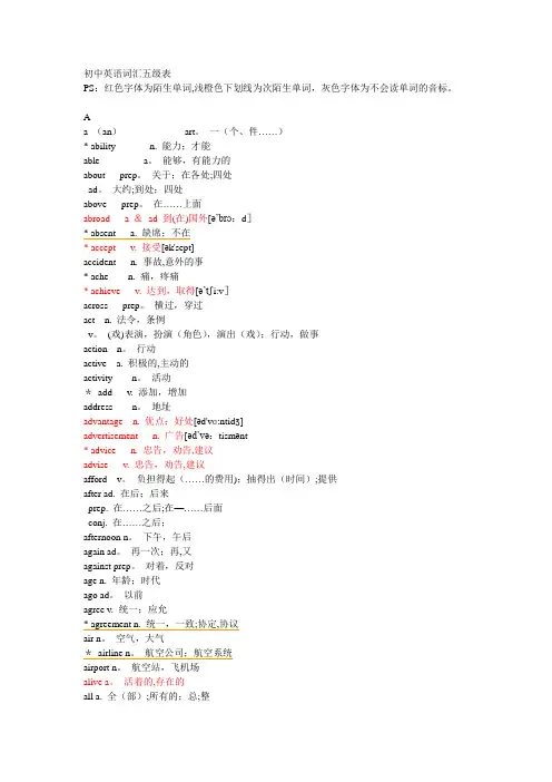 初中英语五级词汇表