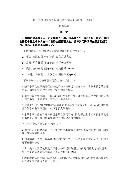 四川省高职院校单独招生统一考试文化素质(中职类)语文模拟试卷