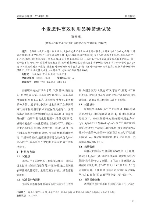 小麦肥料高效利用品种筛选试验